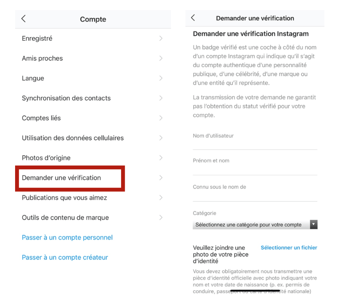 demande certification parametres instagram