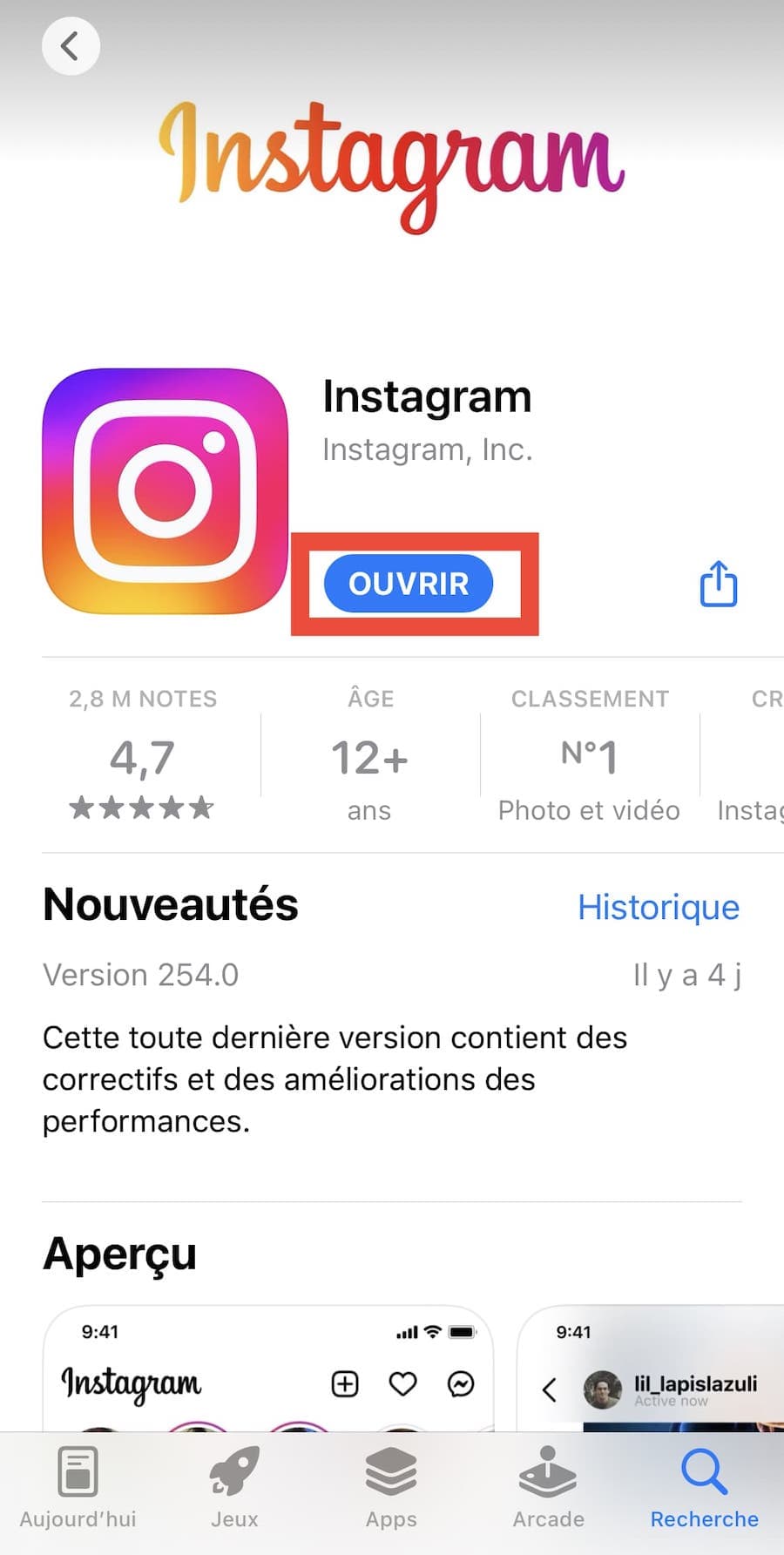 mettre a jour instagram